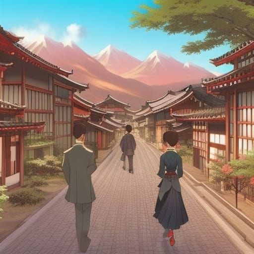 Couple Strolling Past Rice Paddy in Anime Style