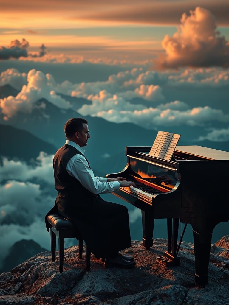 Surreal Pianist in High Mountains, Captured in Photorealisti...