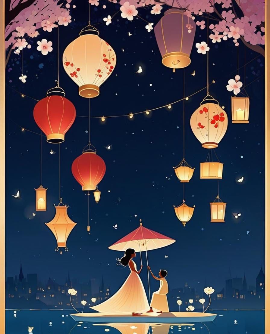 Romantic Lanterns and Cherry Blossoms Illustration