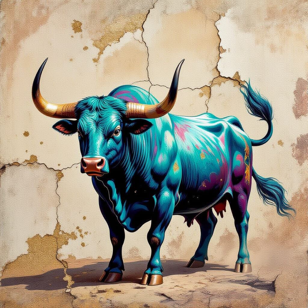 Majestic Bull with Golden Horns in Vibrant Fresco Style