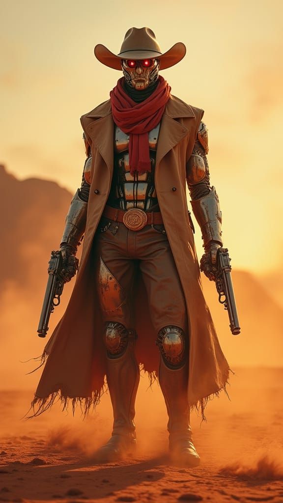 Futuristic Gunslinger in Sun Scorched Desert