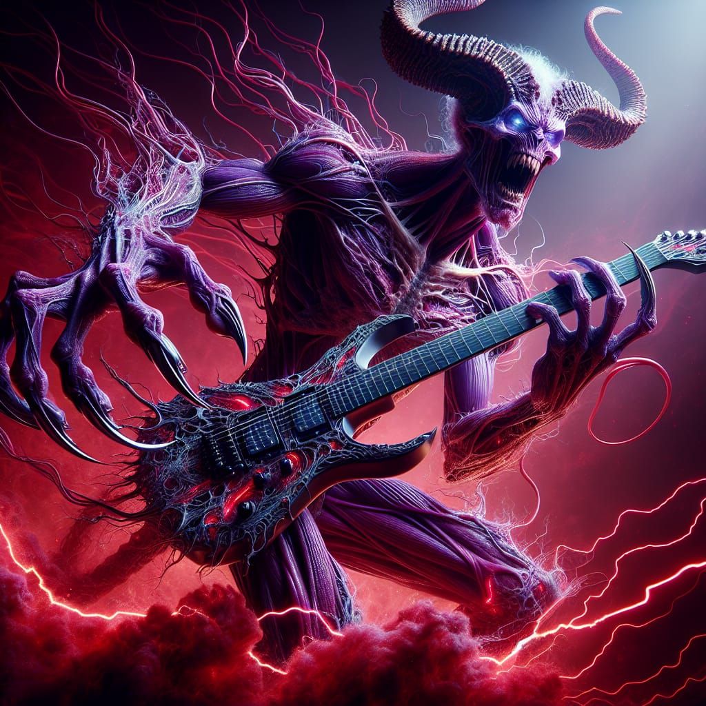 Hyperrealistic Alien Guitarist in a Demonic Landscape