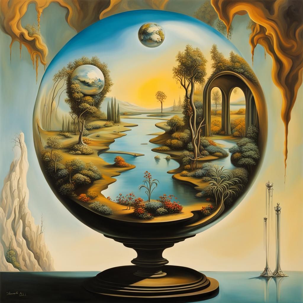 Utopian Garden in Glass Globe: Surrealist Oil Painting