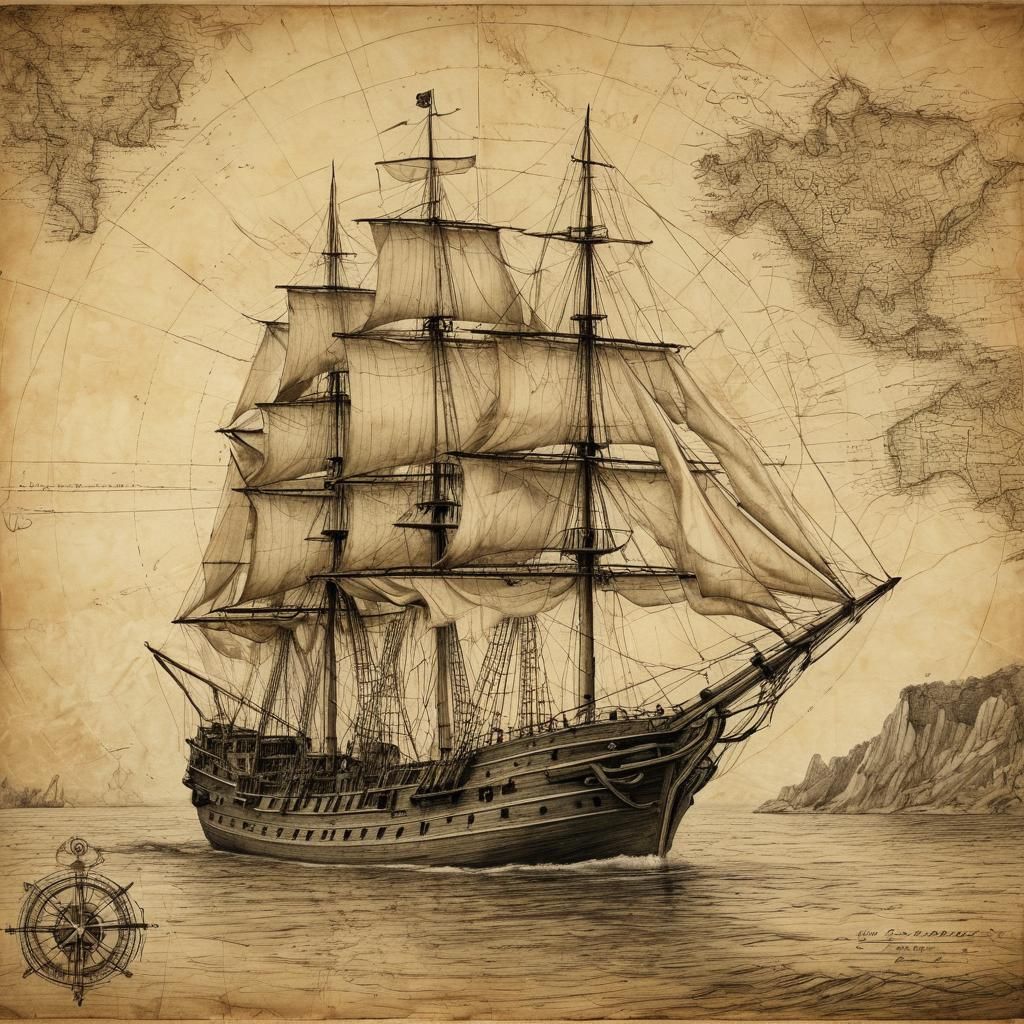 Sailing Ship on Nautical Map in Charcoal Style