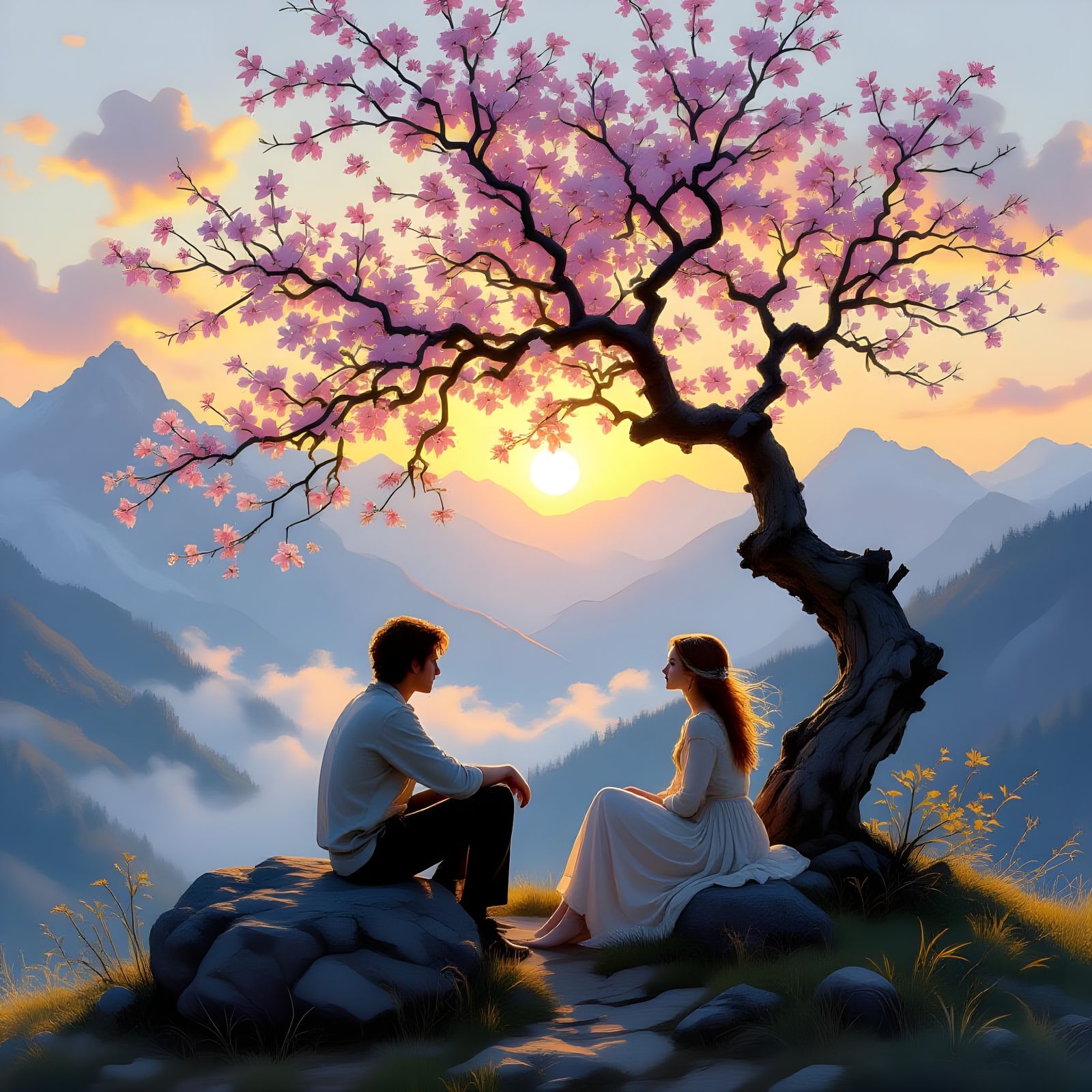 Sunrise Over Mountains with Young Couple Under Blooming Tree