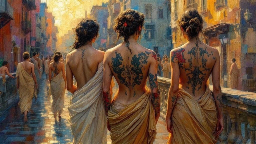 Encaustic Cityscape in Impressionist Style with Greek Figure...