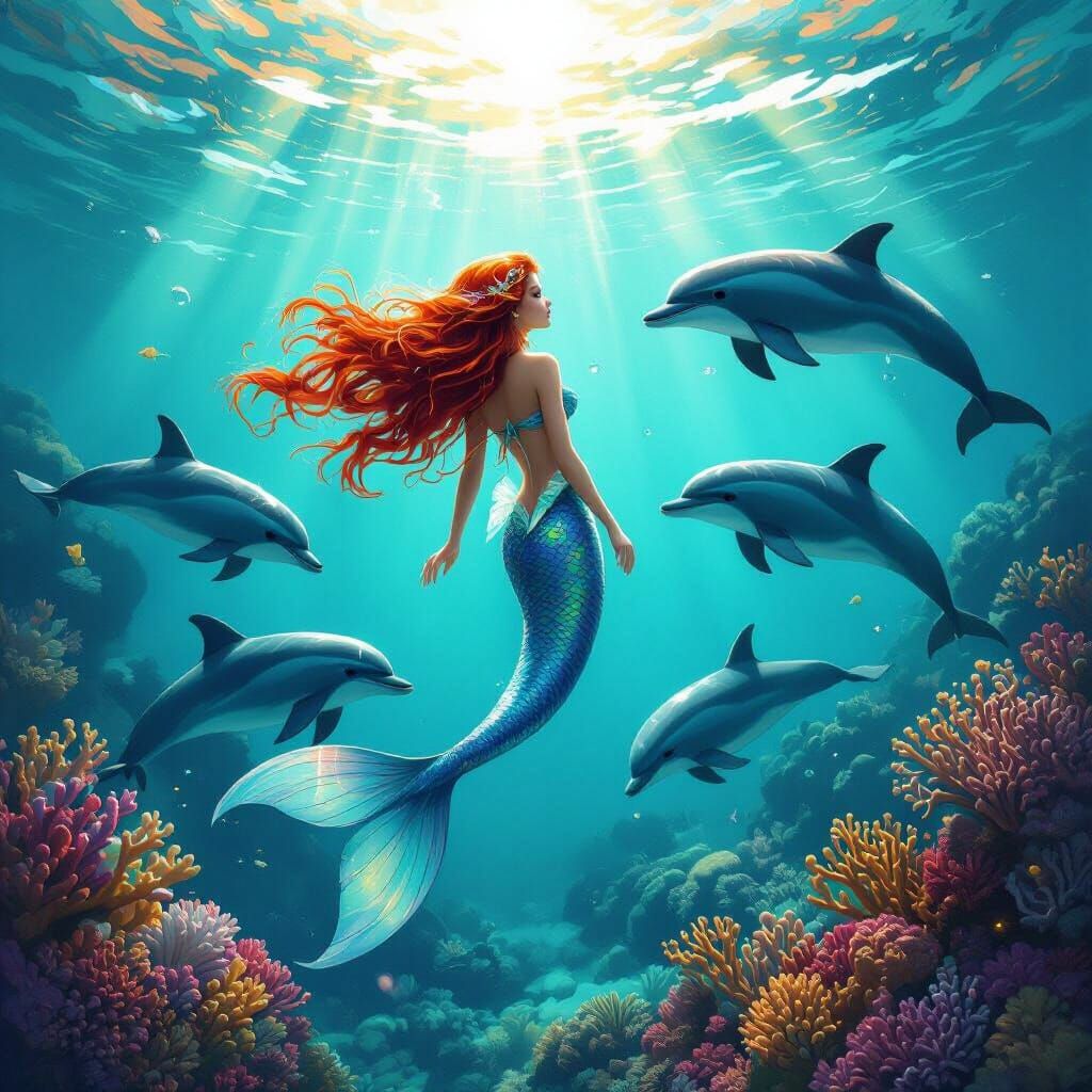 Mermaid Swimming with Dolphins in Coral Reef