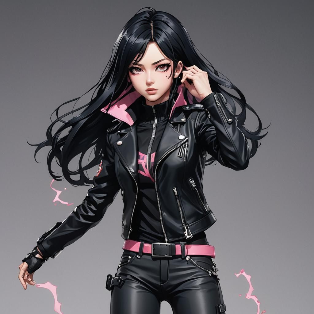 Edgy Anime Woman in Black Leather, 3D Render