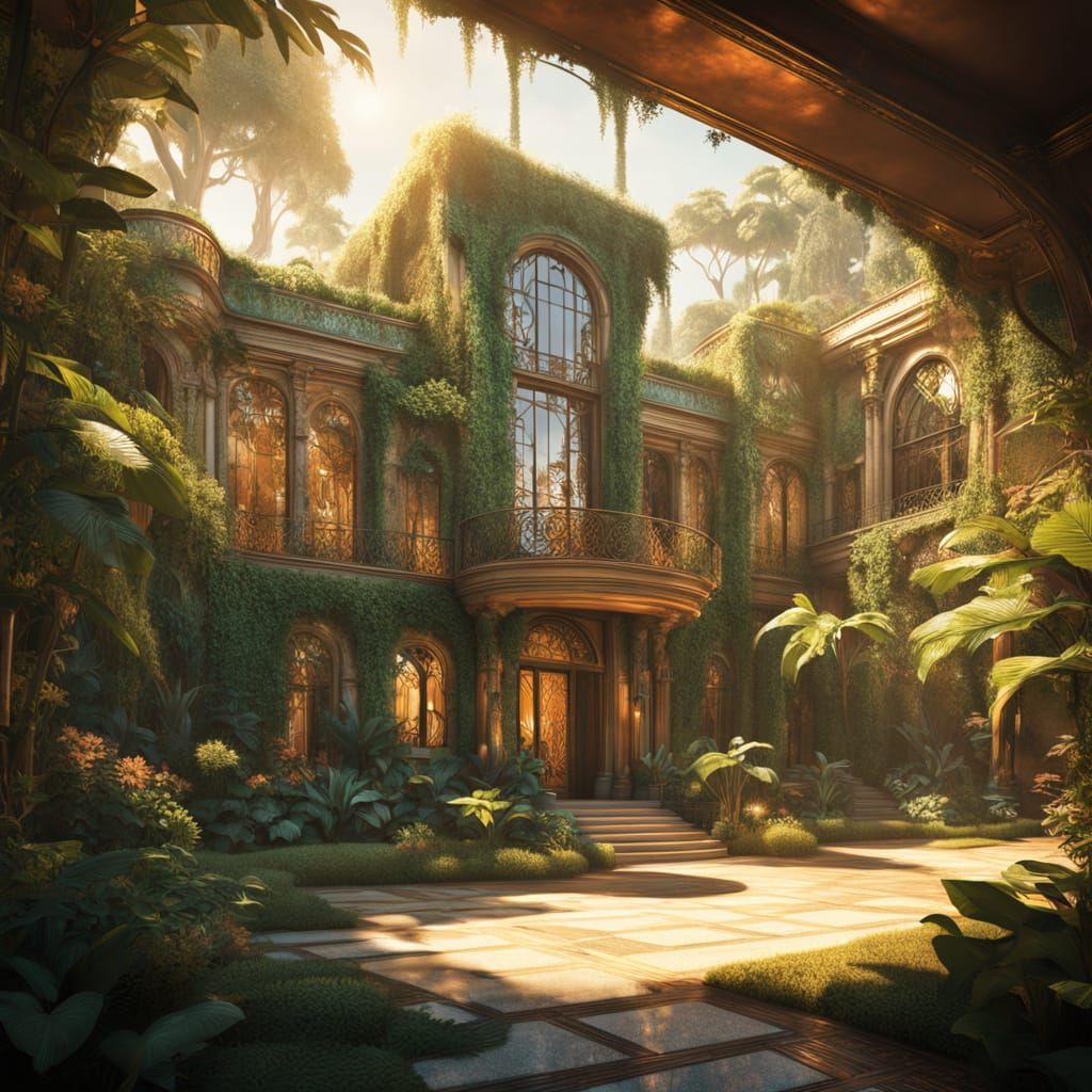 Surreal Aetherpunk Villa Amidst Jungle Canopy