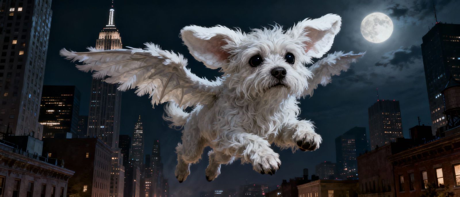 Wizard Dragon Dog Flies Over American City at Night