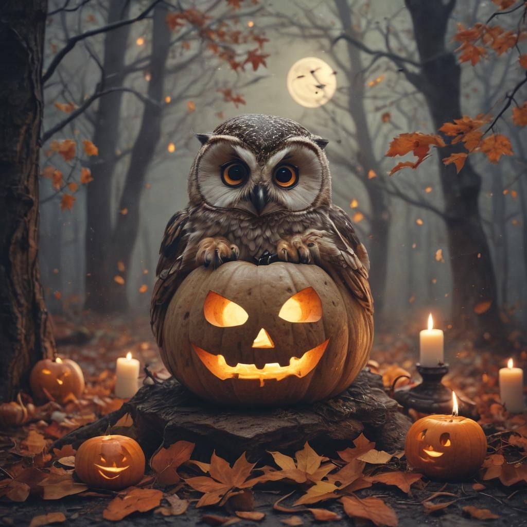 Baby Owls Carving Pumpkin on Halloween Night