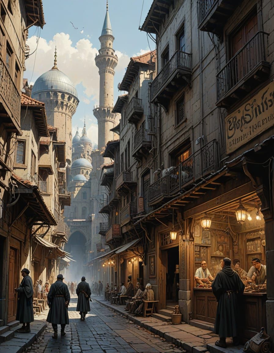 Ancient Ottoman Empire Street Scene in Intricate Black and W...