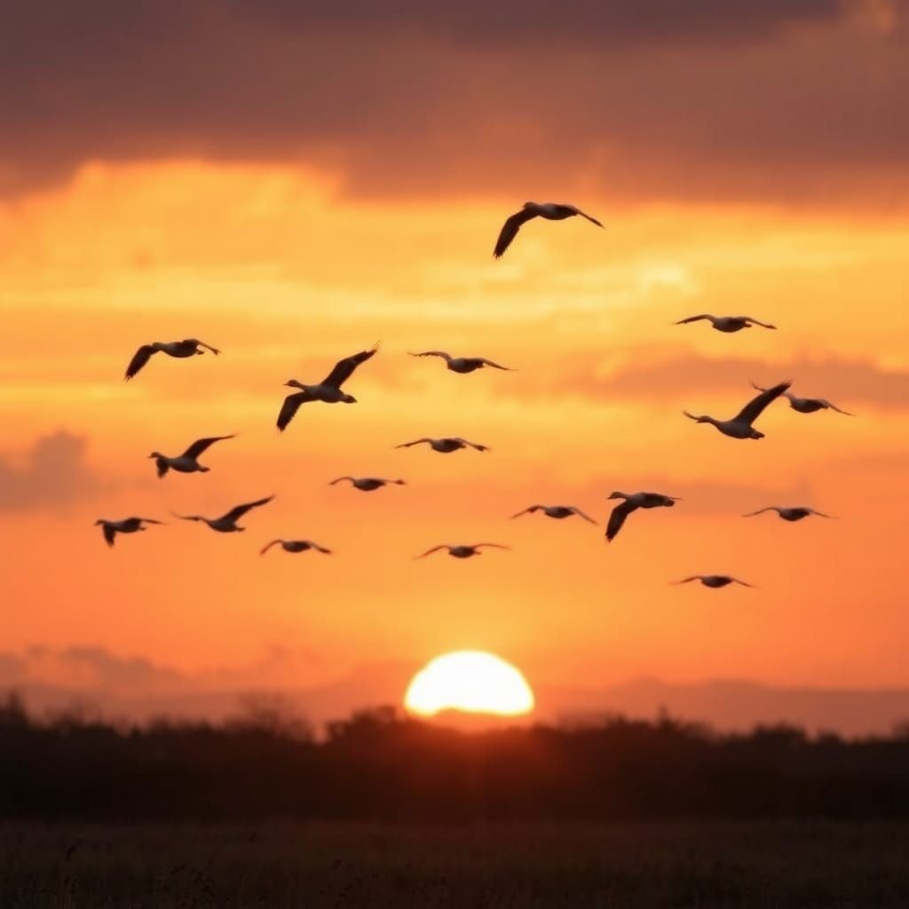 Greylag Geese Fly at Sunset