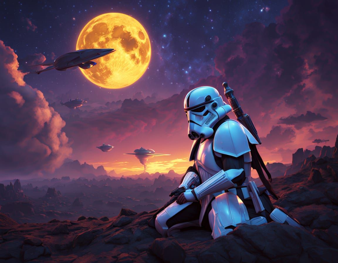 Samurai Stormtrooper on Battlefield in Dark Fantasy Style