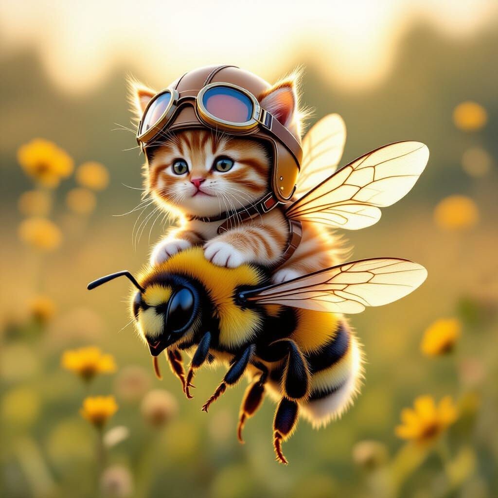 Fluffy Kitten Rides Bumblebee in Whimsical Fantasy Art