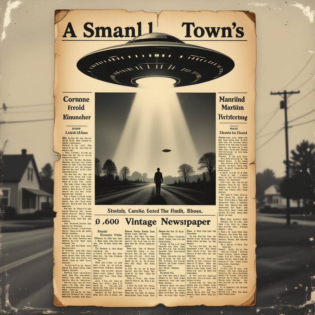 Vintage Newspaper Page: UFO Photo in Small Town