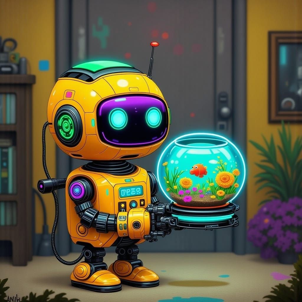 Cute Robot Holding a Fishbowl in Noir Art Style