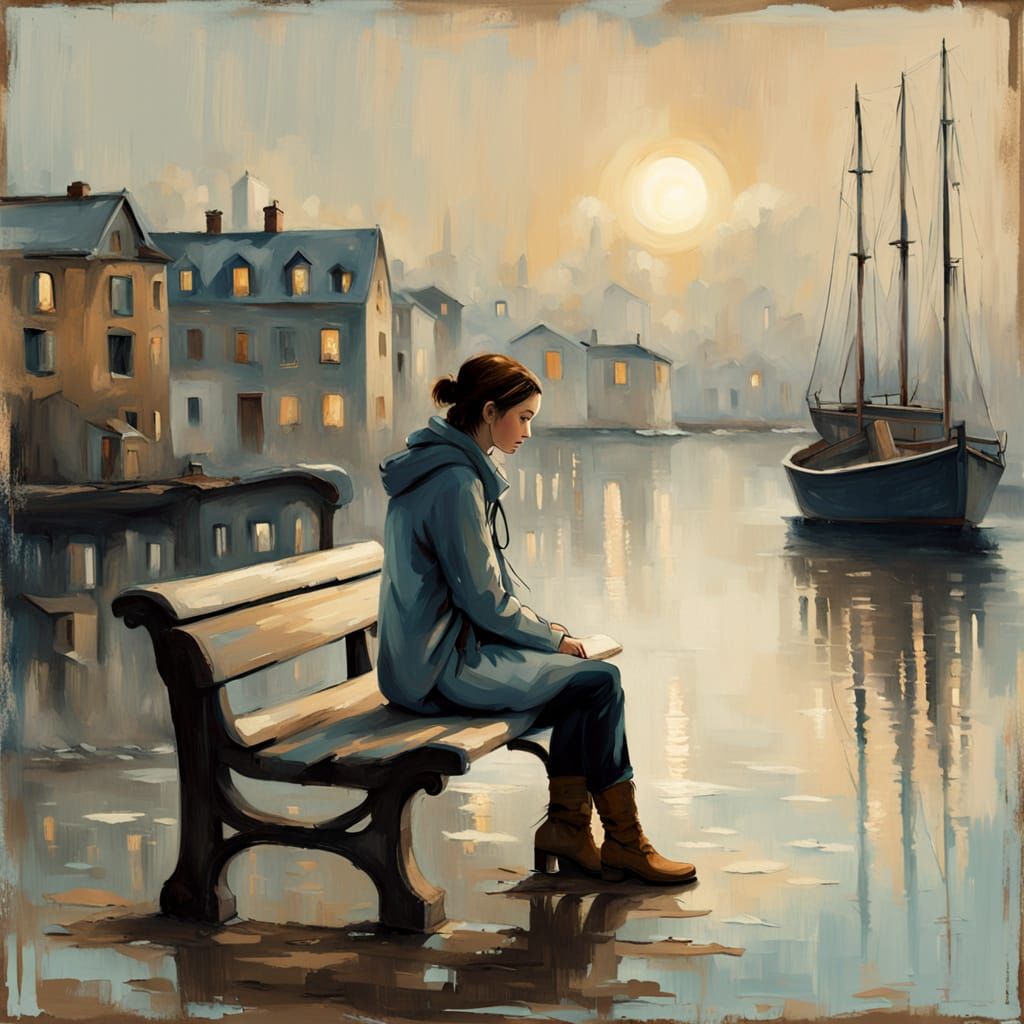 Young Woman Contemplates the Misty Harbor at Dawn