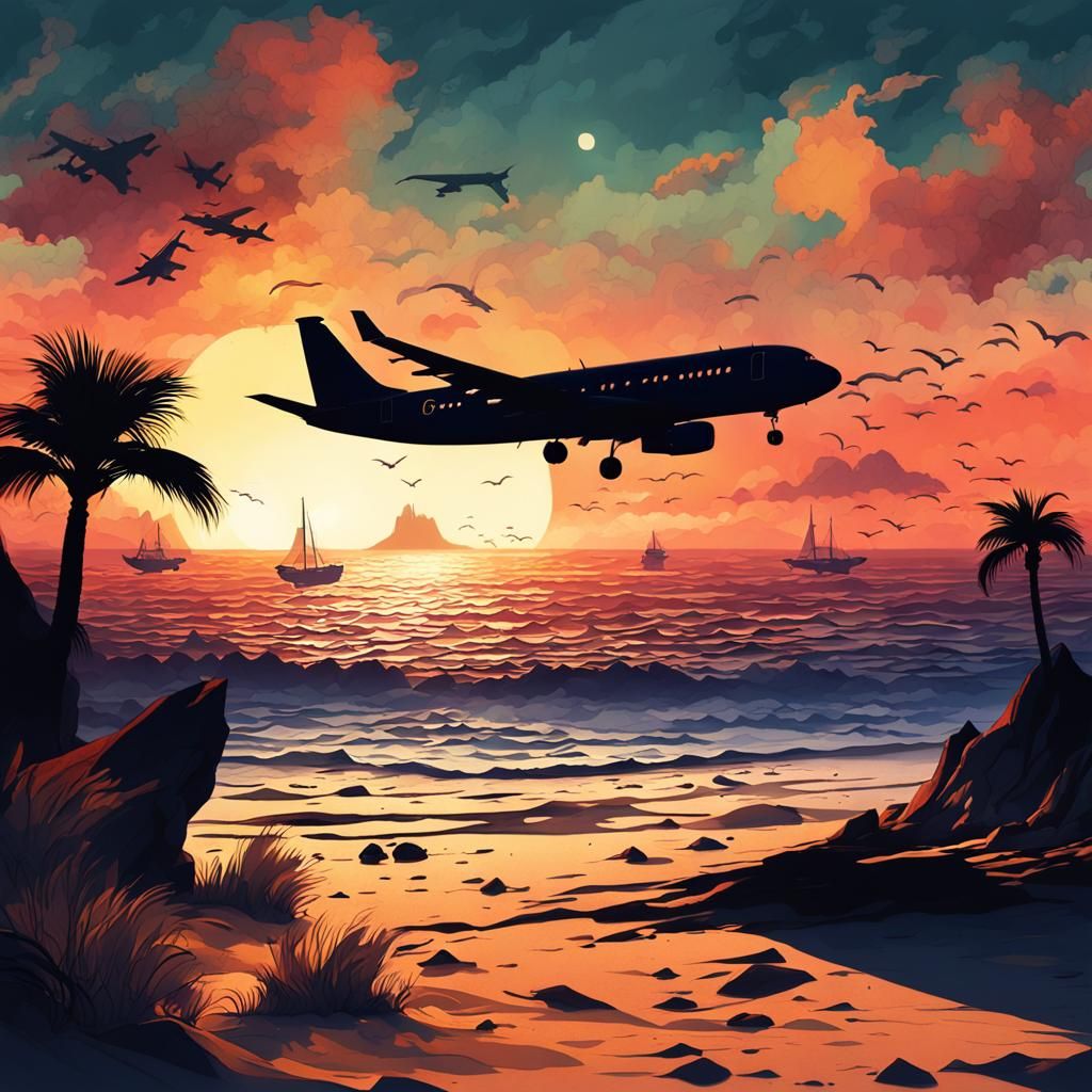 Surreal Evening Silhouettes on a European Beach in Vintage I...