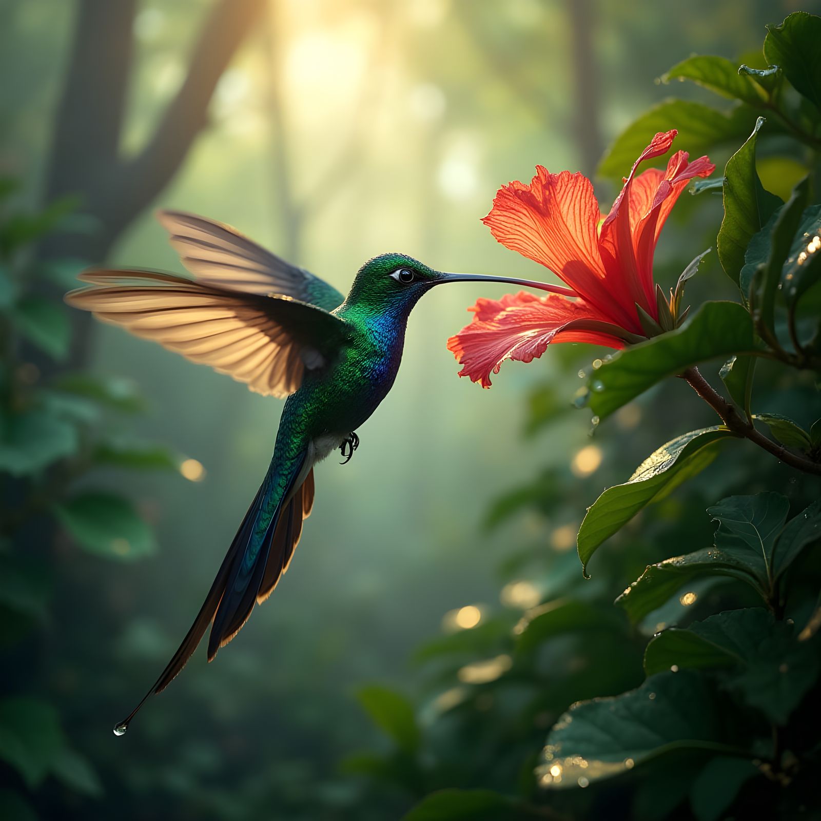 Iridescent Hummingbird in Misty Andean Forest