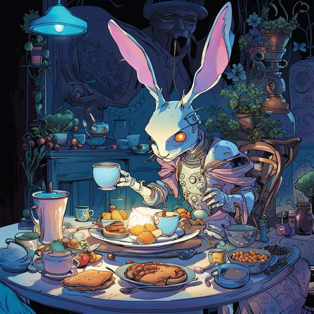 Cyberpunk Robotic Rabbit Breakfast in Fairy Wonderland