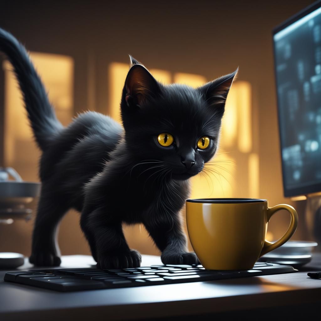 Black Kitten Keyboard Adventure: Digital Art