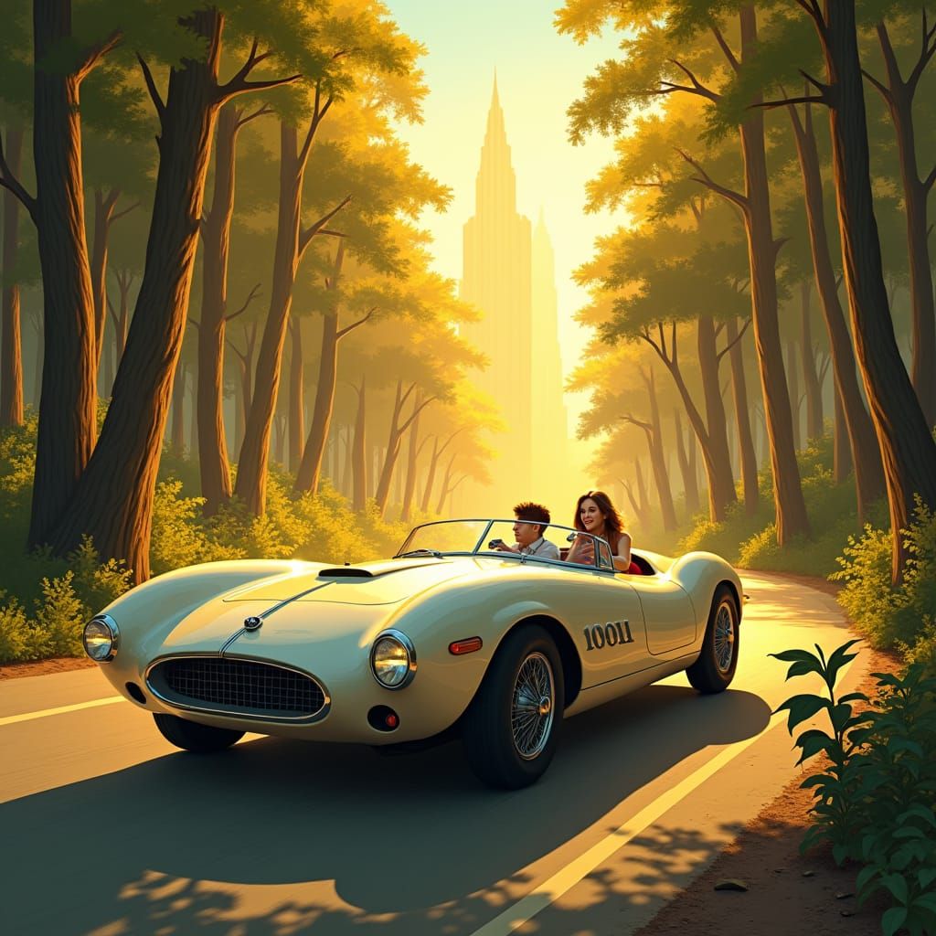 Retro-Futuristic Car Drives Through Forest, Syd Mead Style