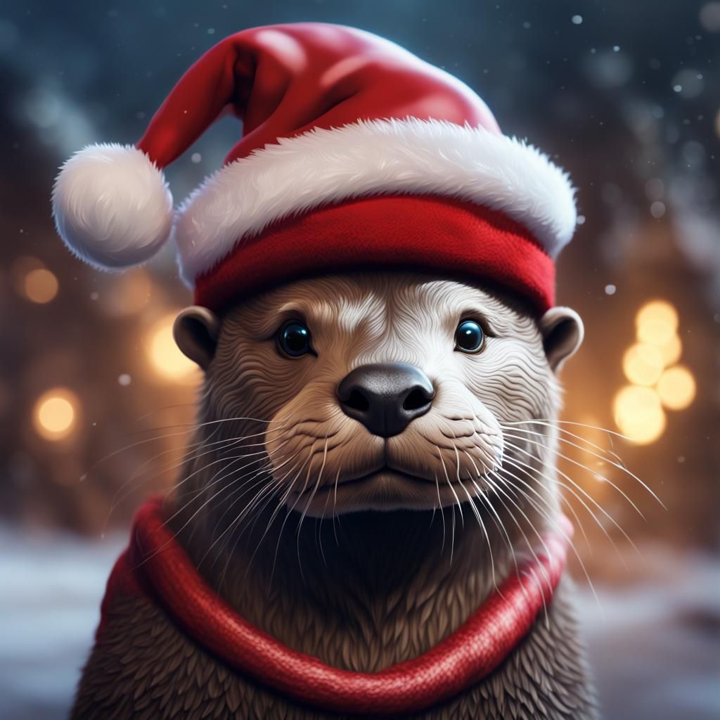Festive Otter in Christmas Hat Digital Painting