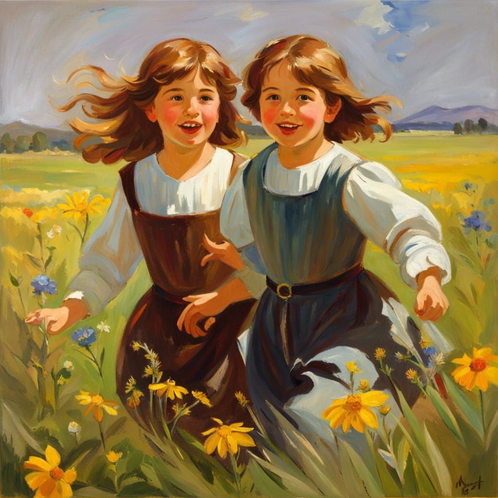 Children Playing in Wildflower Meadow, Impressionistic Oil P...