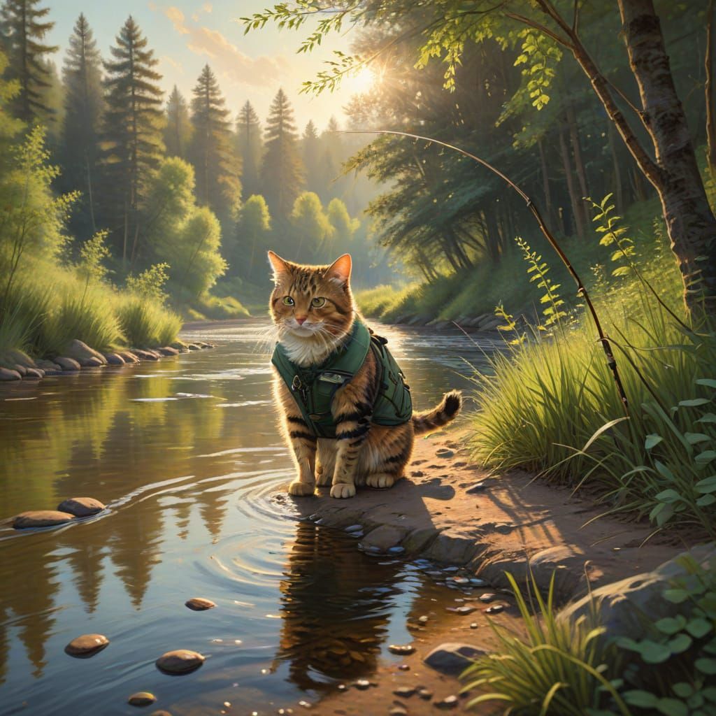 Impressionist Cat Fishing at Golden Hour