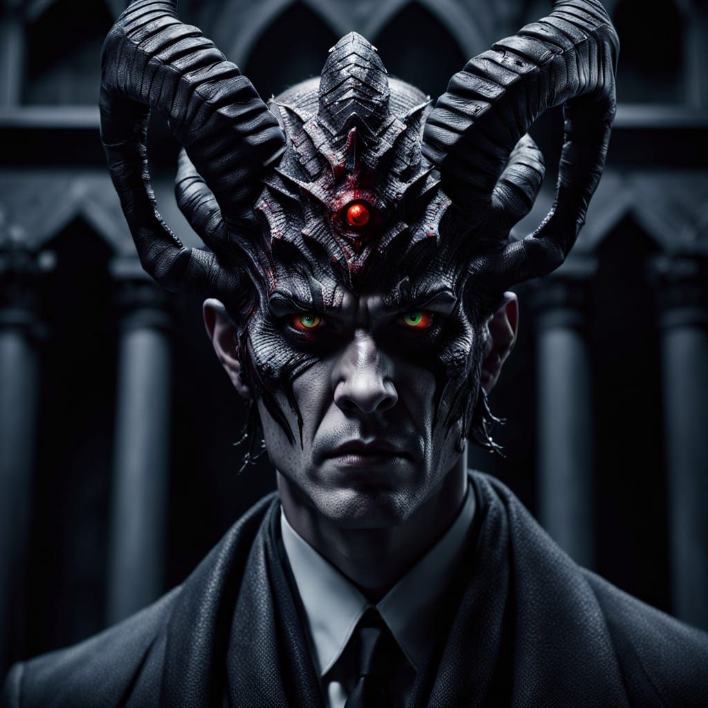 Photorealistic Demon in Dark Court with Trapezohedron