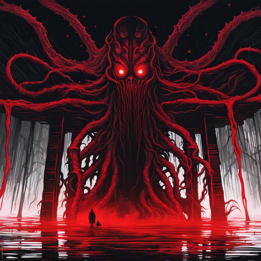 Eldritch Monster Silhouette Under Pier in Biomechanical Surr...