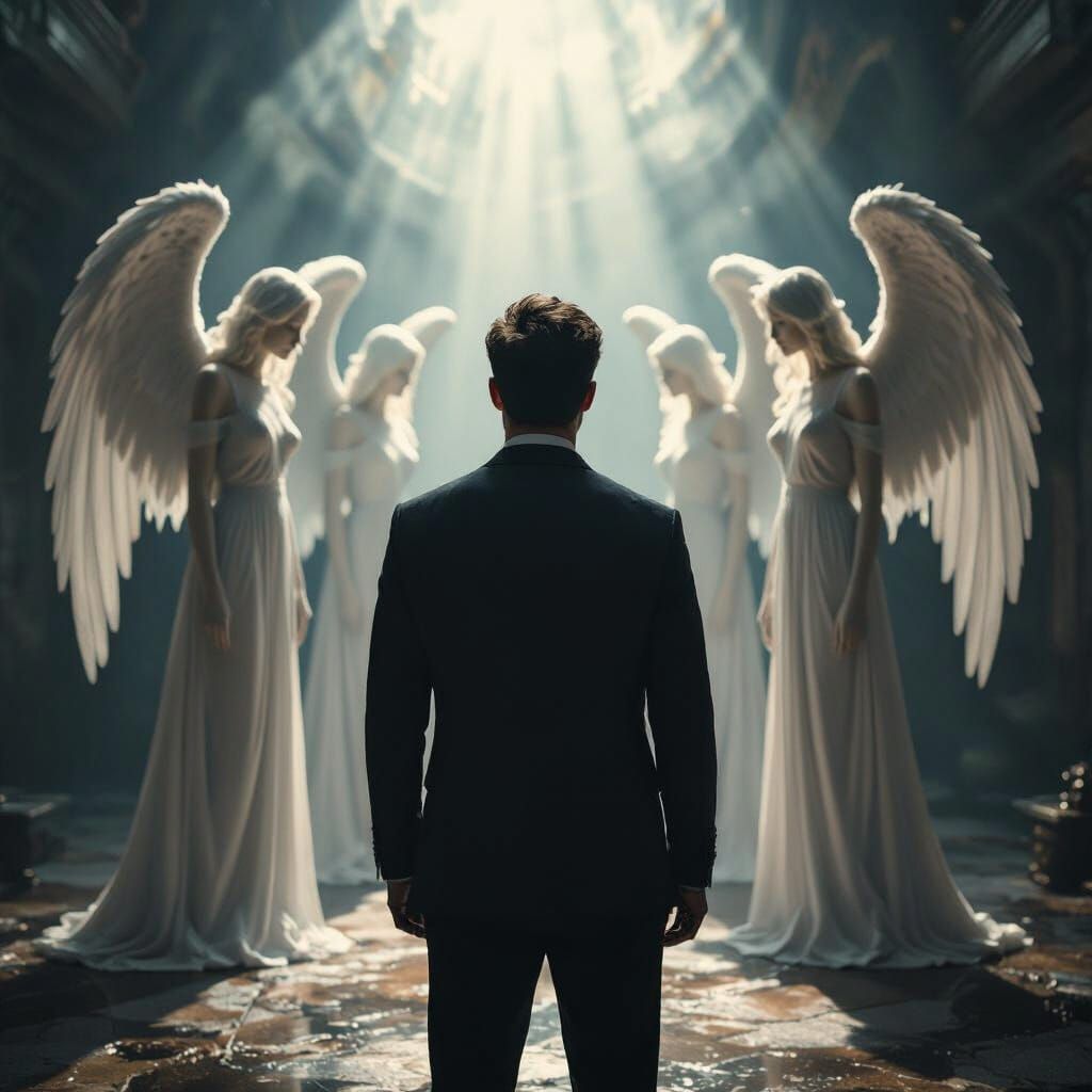 Man Observes Four Majestic Angels in Dramatic Light