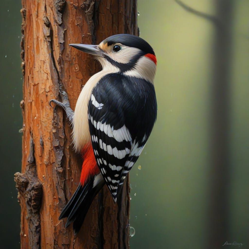 Great Spotted Woodpecker on Tree with Dew Drops, Oil Paintin...