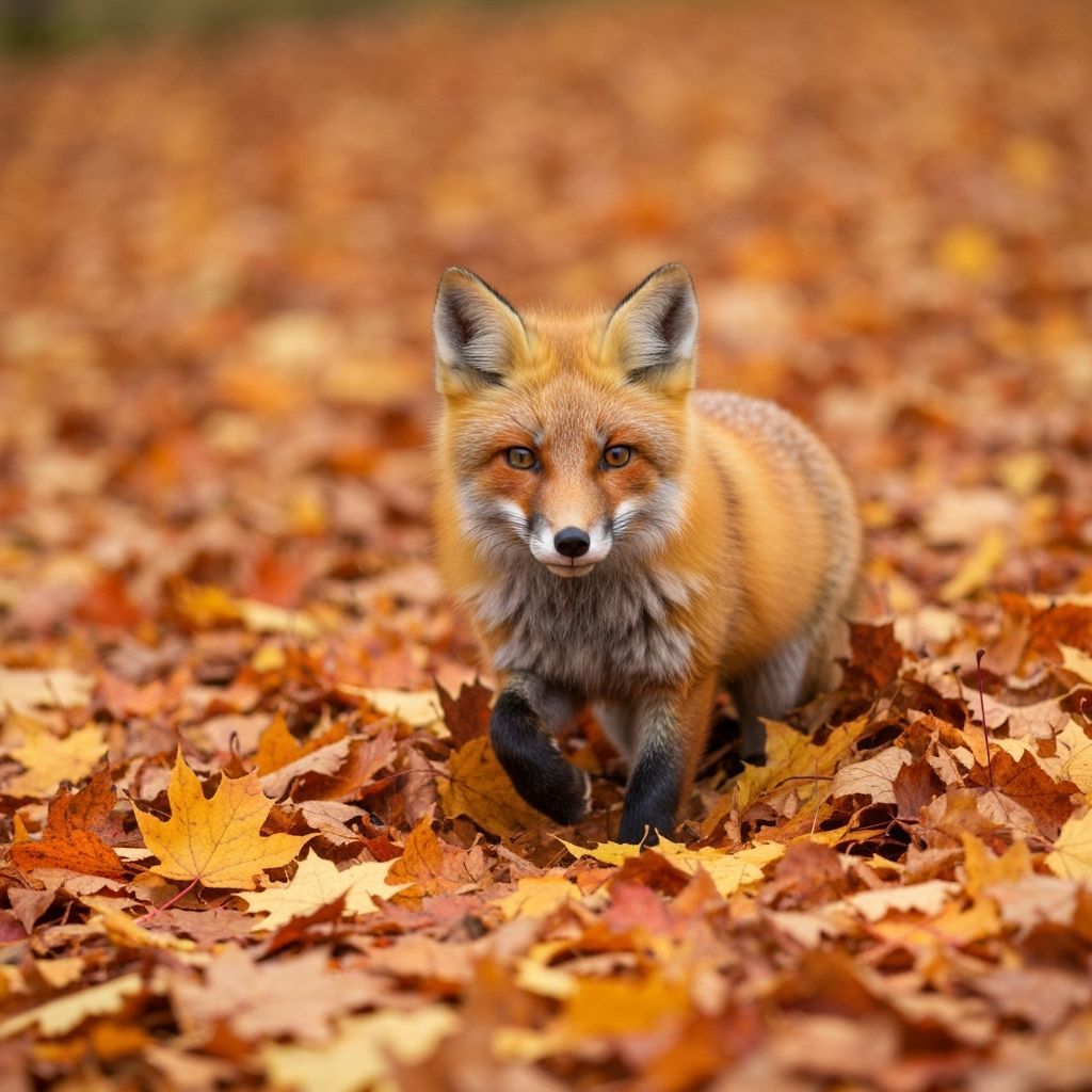 Fluffy Fox Blends into Fall Leaves, Hyperrealistic Art