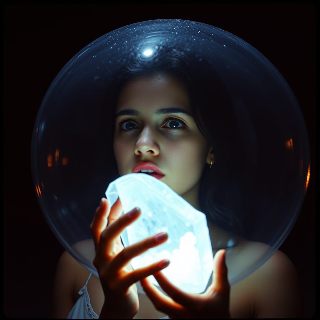Young Woman in Glass Bubble: Cinematic Still