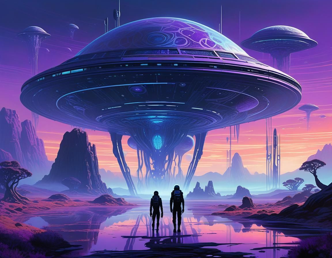 Towering Aliens Explore a Bioluminescent World