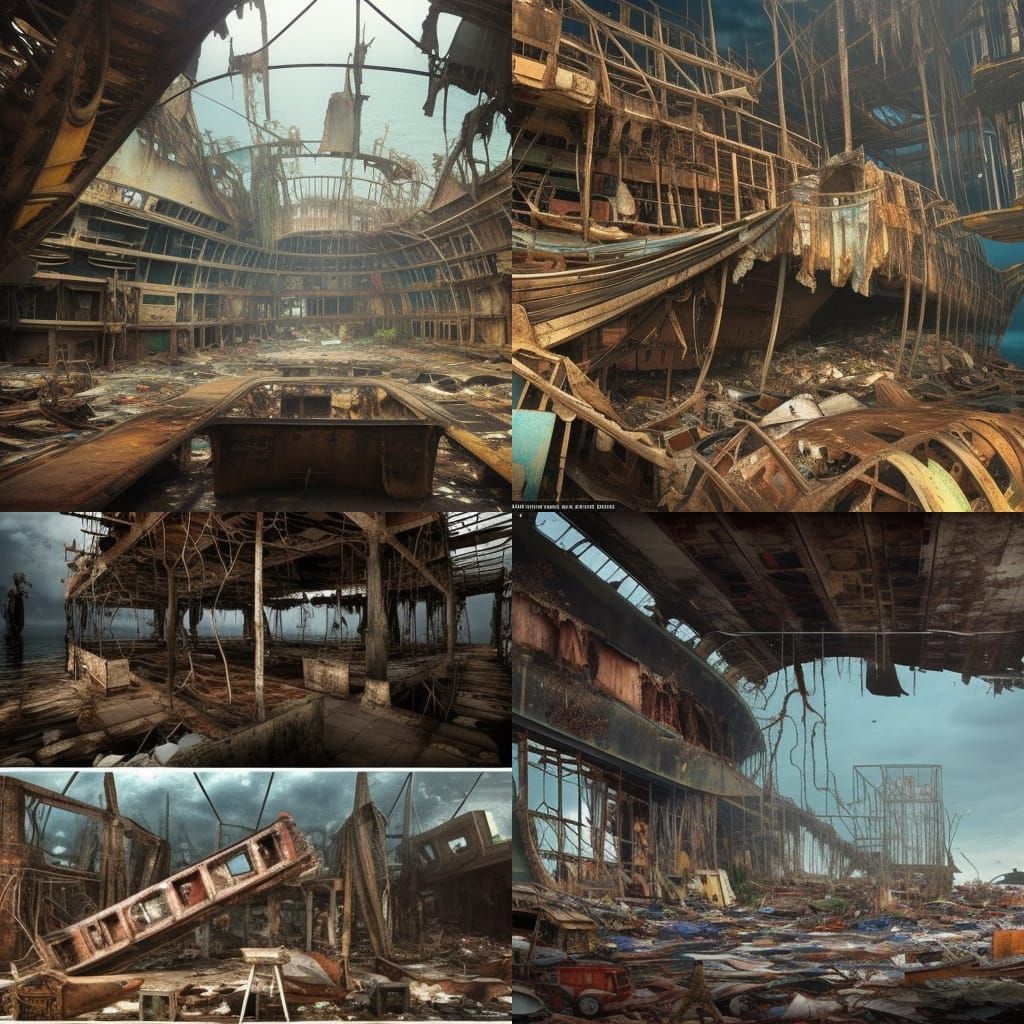 Village Inside Vast Rusty Ocean Liner Wreck