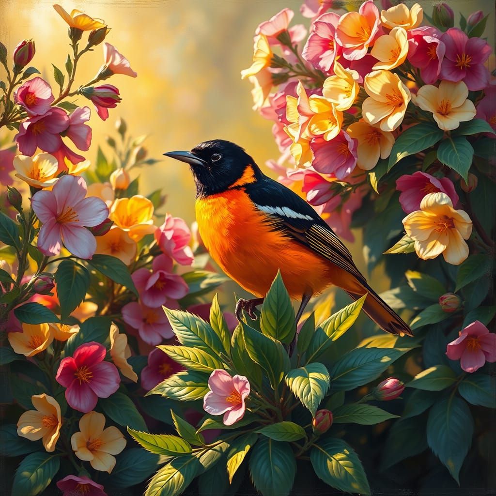 Vibrant Oriole in a Floral Landscape