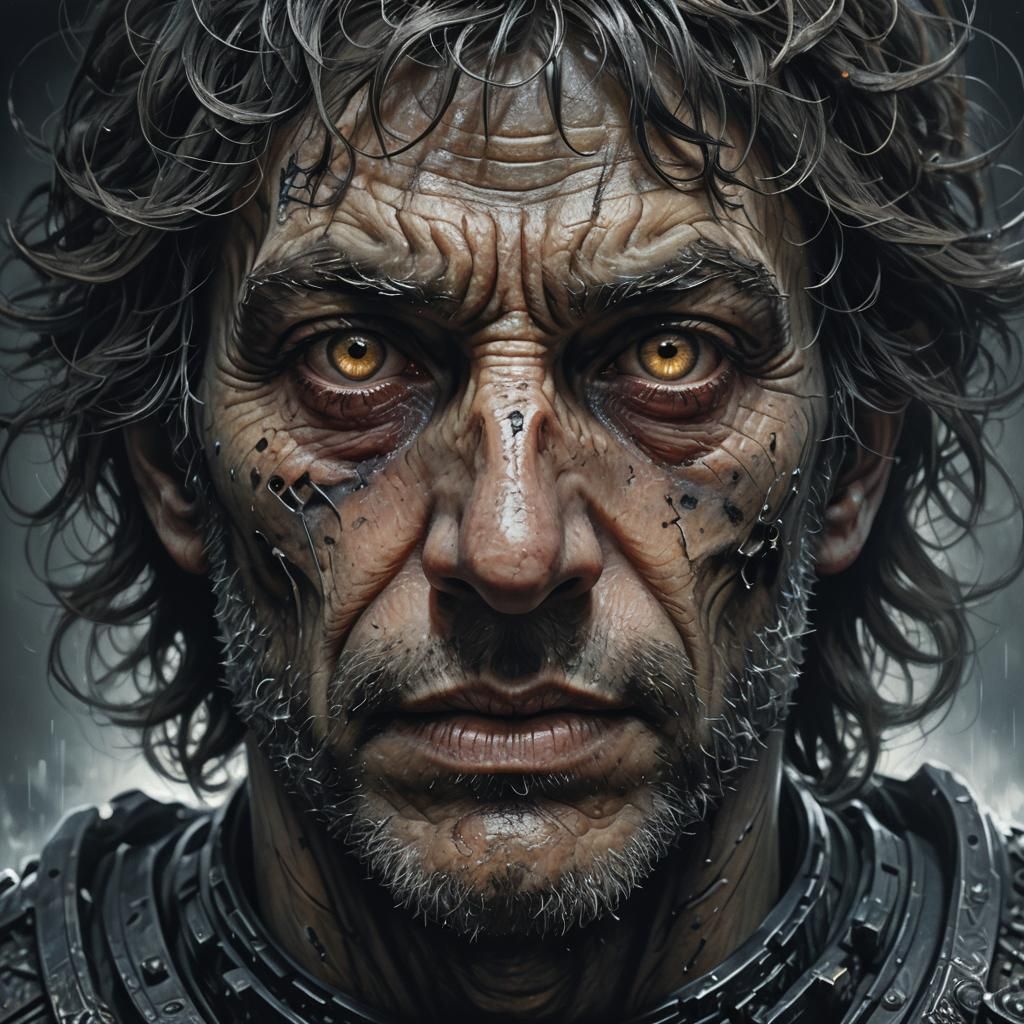 ultra close-up, futuristic portrait of man out for world dominance, dark, soft light on face, creepy, sinister, dramatic...