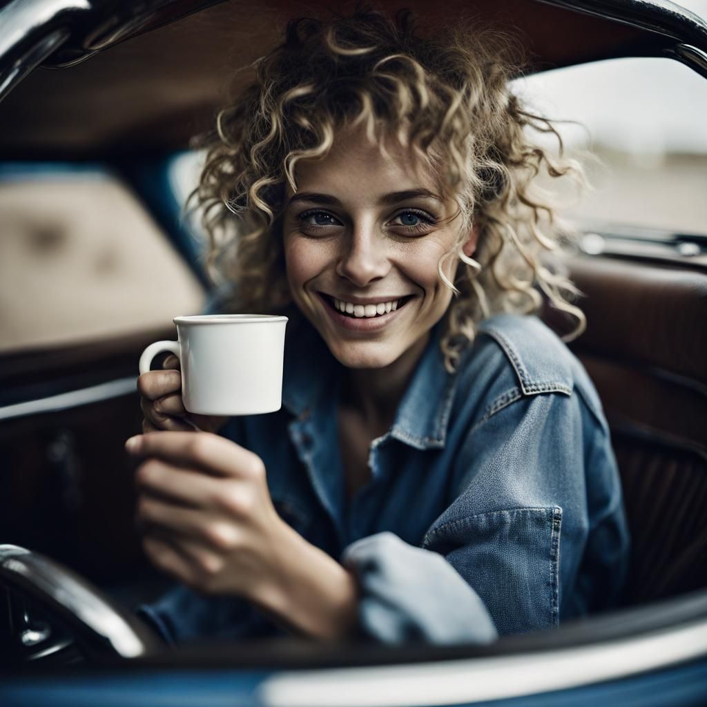 Joyful Woman Sipping Coffee Portrait