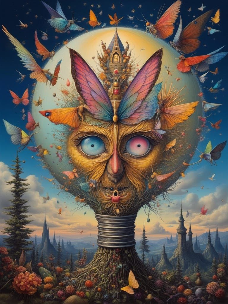 Surreal Butterfly Lightbulb with Floral Faces