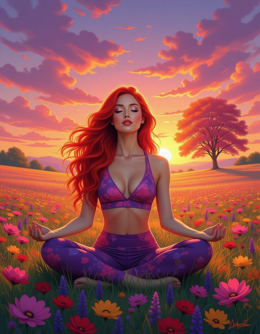 Ethereal Woman Meditating in Flowering Meadow