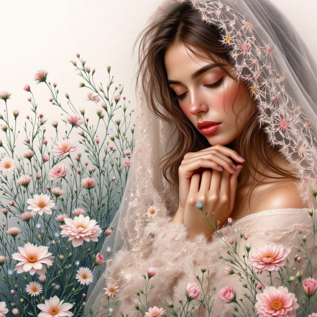 Woman in Floral Embrace, Art Nouveau Style