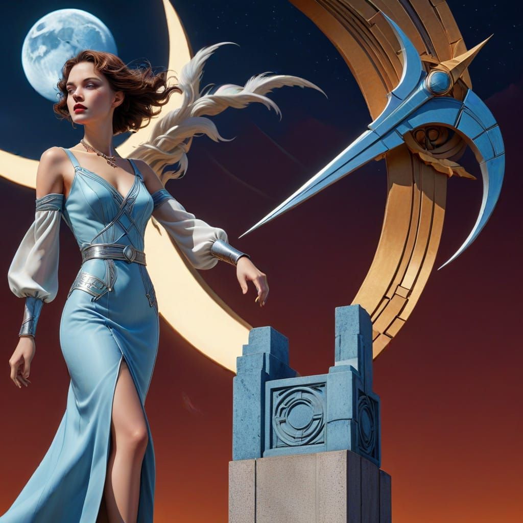 Glamorous Art Deco Goddess Under the High Definition Blue Mo...