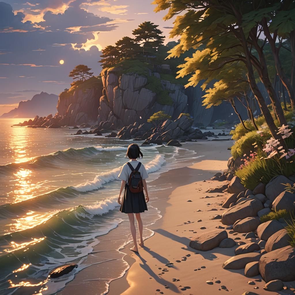 Mystical Summer Shoreline Sunset: 3D Anime Art