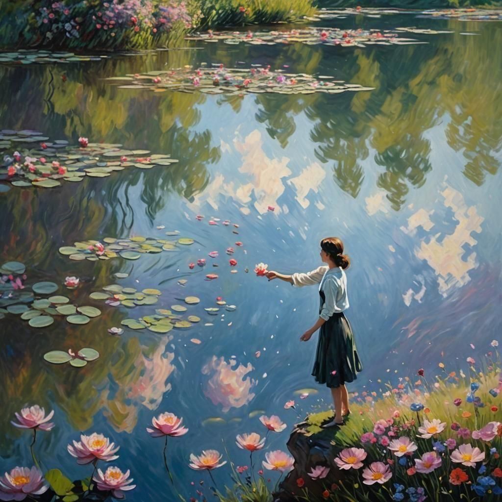 Impressionistic Lake Scene with Figure Releasing Flowers