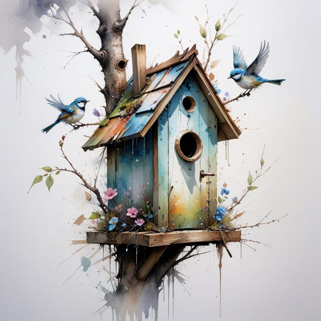 Classic Birdhouse in Ethereal Watercolour Style