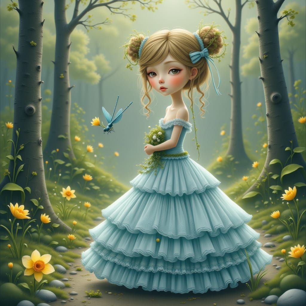 Ethereal Woman in Dreamlike Forest, Watercolor and Pastel