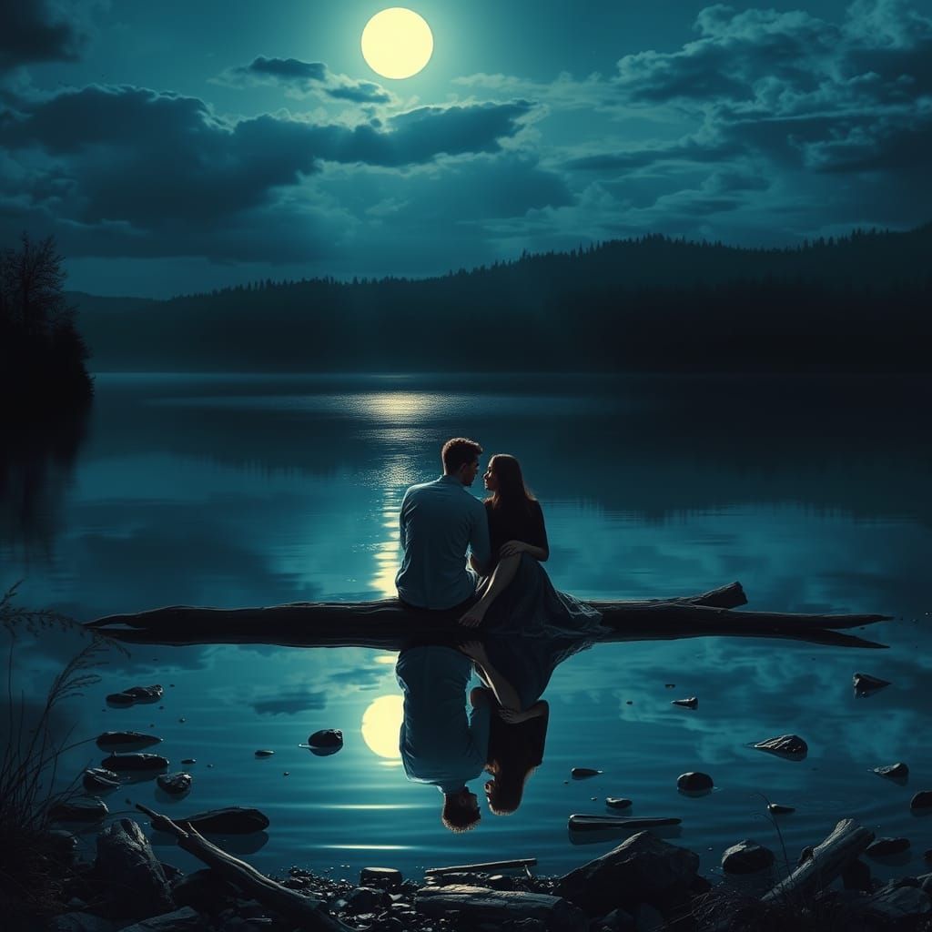 Hyperrealistic Couple in Love by Moonlit Lake